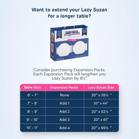 Expandable Lazy Susan Turntable For Rectangular Dining Tables Smooth Serving Tray with Expansion Pack size options.