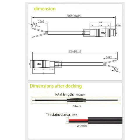 Technical drawing of 3 Pin Male And Female Waterproof Ebike Extension Cable Connector Kit With 20Cm 26AWG Wire IP66 Rated dimensions