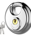 Stainless Steel Discus Padlock With Three Eighths Inch Hardened Shackle For Sheds, Garages, Fences And Storage Units, shown with keys