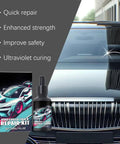 DIY Windshield Crack Repair Kit For Chips And Stars Quick Glass Fix That Stops Cracks From Spreading Easy No Removal Car Windshield Repair For A Clear Finish In Minutes shown with box and bottle in front of a car windshield.