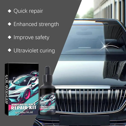 DIY Windshield Crack Repair Kit For Chips And Stars Quick Glass Fix That Stops Cracks From Spreading Easy No Removal Car Windshield Repair For A Clear Finish In Minutes shown with box and bottle in front of a car windshield.