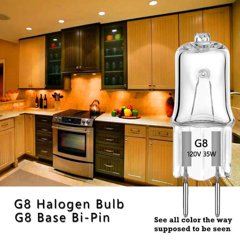 35W Halogen G8 Bi Pin Under Cabinet Puck Lights 2700K Warm White 360 Degree Beam shown in kitchen setting