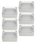 Solid 6 Piece Waterproof Junction Boxes With Lids For Outdoor DIY Electronics Wiring Projects Featuring Clear Abs Case Design, arranged for display.