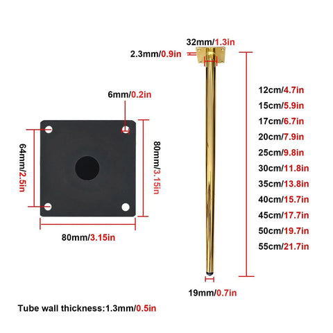 Heavy Duty Metal Furniture Legs Four Piece Cone Table Supports Rust Resistant Steel Build showing size dimensions and specifications.