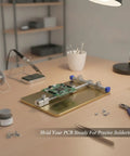 Gold Iron PCB Clamp for Electronics Repair and Soldering holding a small PCB steady on a workbench for precise assembly, 5.1 by 3.5 inch base.