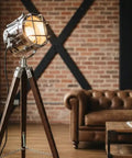 Nautical Style Chrome Spotlight Floor Lamp With Brown Wood Tripod Stand, Vintage Vibe For Home And Office Decor, Rustic Charm in room