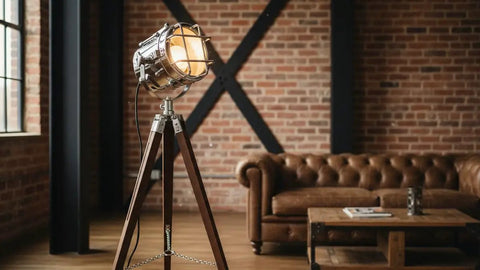 Nautical Style Chrome Spotlight Floor Lamp With Brown Wood Tripod Stand, Vintage Vibe For Home And Office Decor, Rustic Charm in room