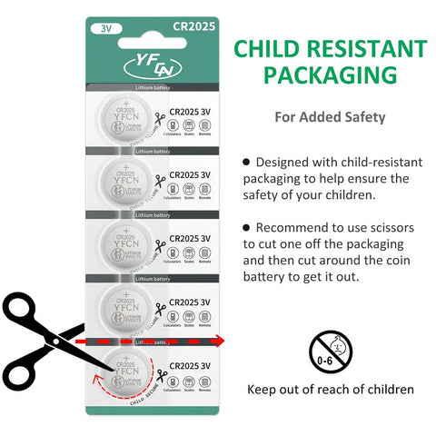 Rock Solid CR2025 Battery 3V Lithium Coin Cell Pack 10 Count with child-resistant packaging for safe use.