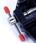 Close-up of Compact Mini Vise Clamp With A Rock Solid Hold For Woodworking Carving And Jewelry DIY Tasks, showcasing black finish and adjusting screw.