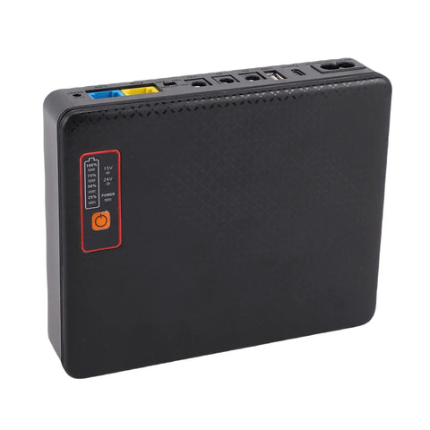 Keep Your Network Alive With This Rock Solid Mini UPS Battery Backup Packing 20800 mAh Capacity, black portable UPS with power indicator.