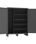 Extra Heavy Duty 12 Gauge Steel Lockable Maintenance Cabinet with open doors and four adjustable shelves visible.