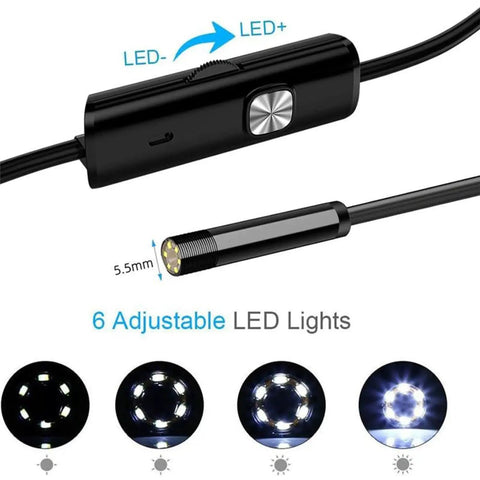 Super Handy 7mm Endoscope Camera Borescope With Six LED Lights For Android And Windows USB Inspection Tool IP67 Waterproof One Meter Cable For Pipes Drains And Industrial Inspections, 5.5mm LED control close-up