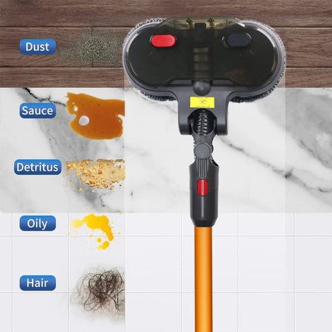 Electric Mop Attachment For Dyson V7 V8 V10 V11 Vacuums With LED Headlights And Water Reservoir shown with cleaning surfaces.