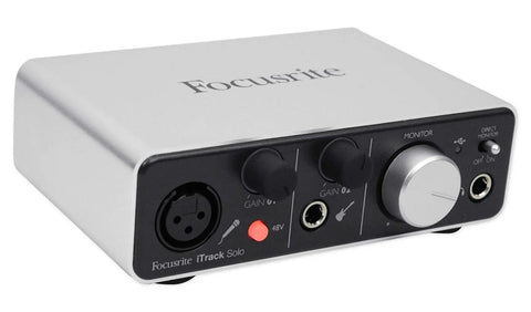 USB Audio Interface for Mac, PC, and iPad With XLR Mic Preamps, 48V Phantom Power, front view with control knobs and inputs