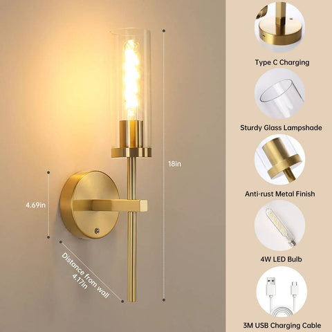 Set Of Two Rechargeable Battery Operated Wall Sconces Featuring Gold Glass Shades with metal finish and glass lampshade