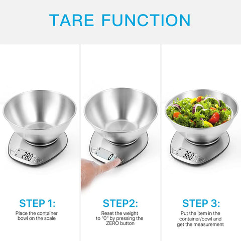Digital Kitchen Scale With Large Clear Display And Stainless Steel Mixing Bowl For Wet And Dry Foods, weighing tare function
