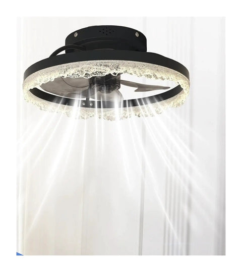 Chandelier, ARLGSITE 16" Smart Silent Ceiling Fan with Light -Acrylic Flush Mount LED Lamp with Hidden Blades shown from below.