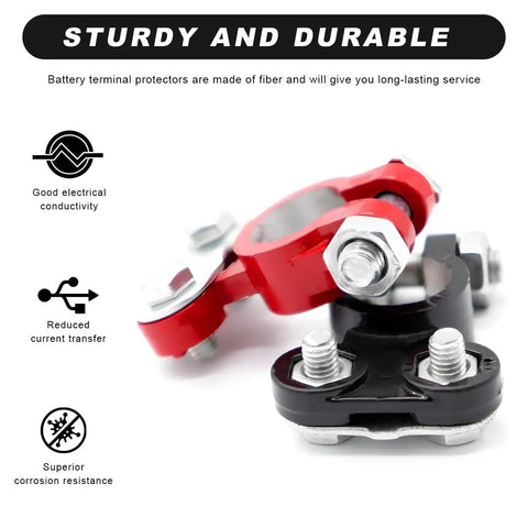 Battle Tested Aluminum Battery Terminal Connectors Keeps Rust At Bay Fits Like A Glove Over Positive And Negative Posts For Rides That Hit Hard Ready To Crank Pack Of Four, red and black durable connectors.