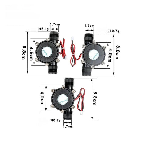 Dimensions of Mini Micro Hydro Water Flow Generator Kit 80V 12V 5V 10W Turbine for Small Rivers and Streams shown with markings.