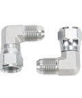 Heavy Duty 3/8 Inch 90 Degree Hydraulic Adapter Fitting Carbon Steel Precision 37 Degree Flare Male Female Thread SAE J514 Compliant Rotating Connection For Pro Mechanics And Car Guys Seeking Reliable Leak Free Operation With Durable Metal Built Tough, shown in two views