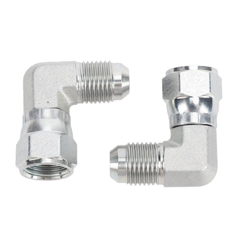Heavy Duty 3/8 Inch 90 Degree Hydraulic Adapter Fitting Carbon Steel Precision 37 Degree Flare Male Female Thread SAE J514 Compliant Rotating Connection For Pro Mechanics And Car Guys Seeking Reliable Leak Free Operation With Durable Metal Built Tough, shown in two views