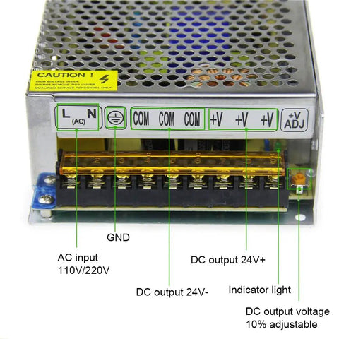 24V 10A Regulated Power Supply Adapter 240W Switching Converter With 110V 220V AC To DC Output Plug And Play Ready Three Channel Output For LED Strip CCTV Camera Security System Overload And Short Circuit Protection showing terminals and indicator
