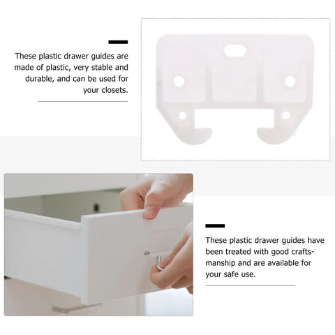 White Plastic Drawer Track Guides and Slides Replacement Kit 10 Pcs Easy Install shown with hands holding a drawer