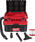 Milwaukee 0970-20 Wet Dry Vacuum Cleaner with open lid showing accessories and filter, heavy duty portable shop vacuum for jobsite use