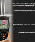 Top Rated 4 In 1 Stud Finder Wall Scanner showing large display with sensor for marking and locating materials behind walls.