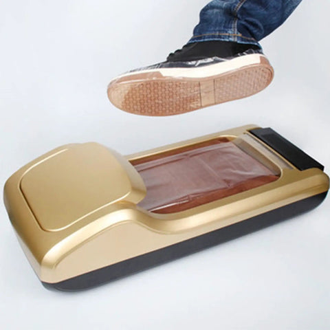 Hassle Free Disposable Shoe Film Refills For Automatic Dispensers Thickened Pe Plastic Floor Protector in use with foot stepping on dispenser.