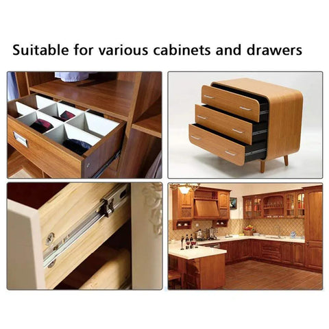Heavy Duty Pair Of Black Metal Three Section Full Extension Drawer Slides Featuring Quiet Ball Bearing Tracks for kitchen and cabinets.