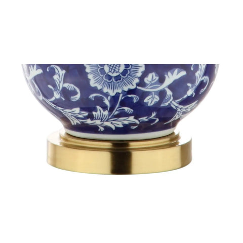 Close-up of the base of 27 Inch Blue White Ceramic Chinoiserie Table Lamp With Floral Double Gourd Vase Design, Brass Gold Base