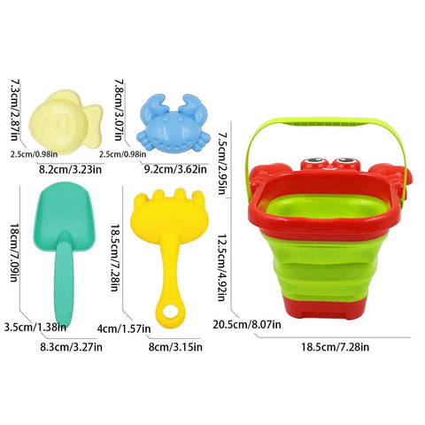 Foldable Bucket And Shovel Tools Kit For Kids Sand Toys With Animal Design Five Piece Travel Beach Set
