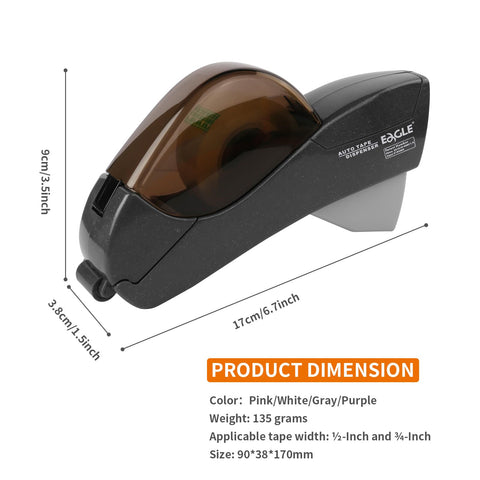 Dead Simple One Handed Automatic Tape Dispenser With Concealed Safety Cutter And Smooth Portable Grip For Quick Office Or Home Packing Tasks Includes Two Bonus Gray Rolls side view displaying color options and dimensions
