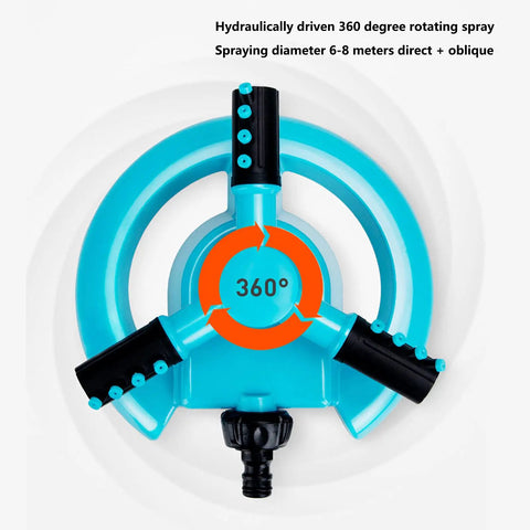 Top view of 360 Degree Auto Rotating Garden Sprinkler For Lawn And Yard with hydraulic drive and adjustable spray arms.