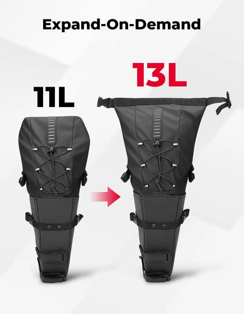 Detachable Bike Seat Bag With Removable Inner Pouch 11 To 13 Liter Waterproof Saddle Pack showing size expansion from 11L to 13L