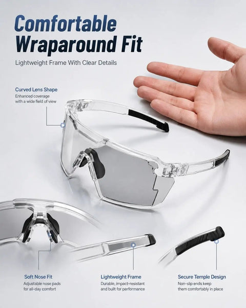 Kickass Impact Resistant Photochromic Polarized Safety Glasses Featuring Adaptive UV400 Lenses That Auto Adjust From Clear To Dark For Outdoor Sports And Daily Grind with lightweight frame and curved lens shape.