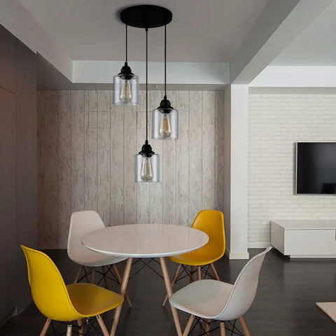 Three Light Industrial Pendant Light With Glass Shade Matte Black Finish Adjustable Height Modern Hanging Fixture