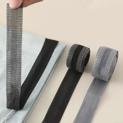 Iron On Hem Tape 5m Roll For Jeans And Heavy Fabric No Sweat Fix Quick Pants Mending Adhesive Strip Tailor Free Clothing Repair Tape showing three rolls in black and grey.