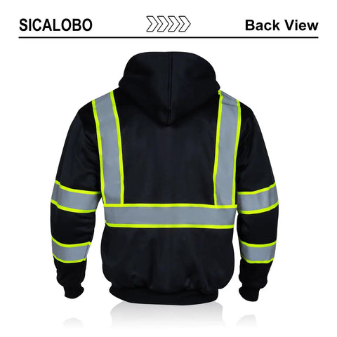 Back view of Hi Vis Fleece Lined Safety Hoodie For Men With Reflective Stripes, Winter Bomber Jacket Style, Black, 2XL