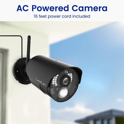 Outdoor AC powered camera from Plug And Play DIY Wireless Security Camera System With 7 Inch Touchscreen Monitor And Two 720p Cameras No Monthly Fees AC Powered Two Way Audio Free App Micro SD Card Included Battery Installed Model VS802