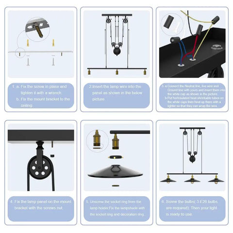 Installation steps for Three Pack Rustic Farmhouse Pendant Lights For Kitchen Island And Dining Room With Adjustable Pulley Chandeliers
