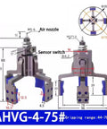 Four Claw Pneumatic Fixture Cylinder With Sensor Switch Mechanical Arm Gripper Fingers For Industrial Automation Heavy Duty Clamp Precise Material Handling Water Spout Clip Ahvg75 blueprint showing dimensions and air nozzle placement