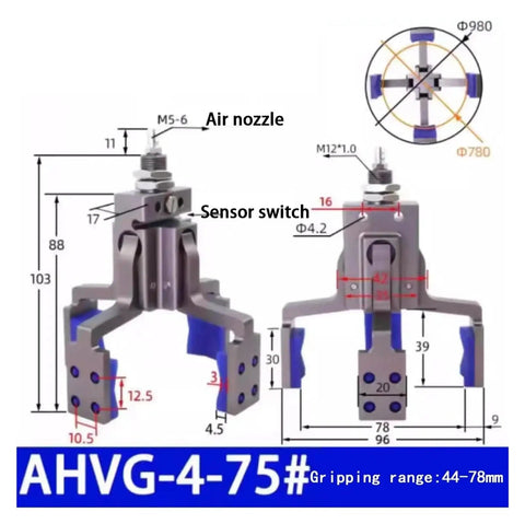 Four Claw Pneumatic Fixture Cylinder With Sensor Switch Mechanical Arm Gripper Fingers For Industrial Automation Heavy Duty Clamp Precise Material Handling Water Spout Clip Ahvg75 blueprint showing dimensions and air nozzle placement