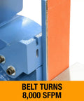 Close-up of Badass 2 X 48 Two Wheel Belt Grinder showing 8000 SFPM belt turn for serious metal crafting jobs.