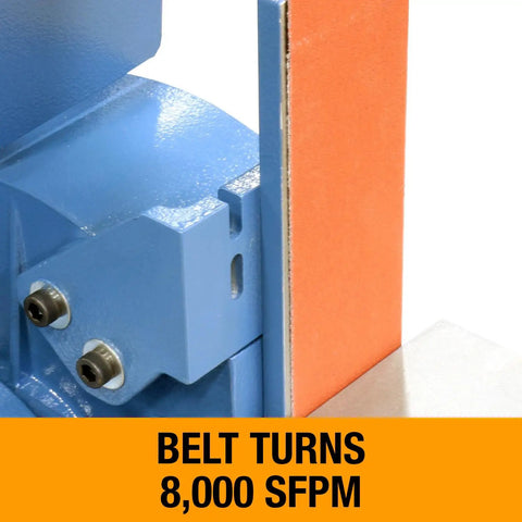 Close-up of Badass 2 X 48 Two Wheel Belt Grinder showing 8000 SFPM belt turn for serious metal crafting jobs.