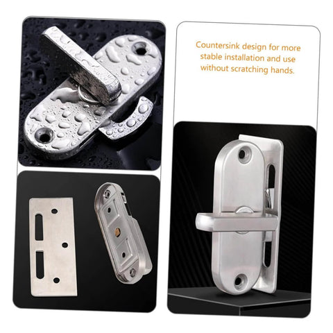 Stainless Steel Sliding Door Lock Latch Privacy Bolt With Countersink Design For Barn Doors And Interior Sliding Doors Heavy Duty Built To Take A Beating Easy Installation Durable Rust Resistant Hardware Scratch Resistant Security Bolt, showing wet and installed lock, mounting plate, and latch.