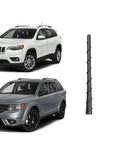 8 Inch Roof Radio Antenna Mast Replacement for Jeep Grand Cherokee Cherokee Dodge Journey Avenger Durango Dart Fits 2011 Through 2023 Durable Flexible Rubber Antenna next to Jeep and Dodge vehicles.