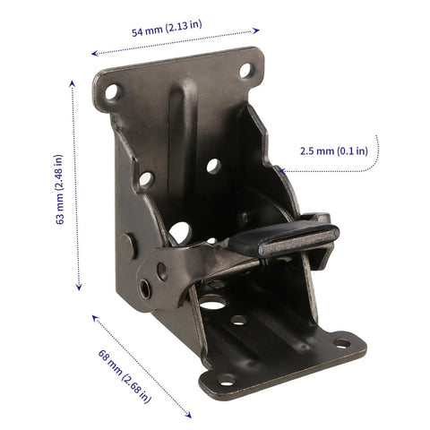 Rock Solid Folding Table Leg Brackets With Self Lock Hinges And Screws For Quick Workbench Upgrades Adjustable Zero To Ninety Degrees bears up to five hundred pounds matte black bracket detail.