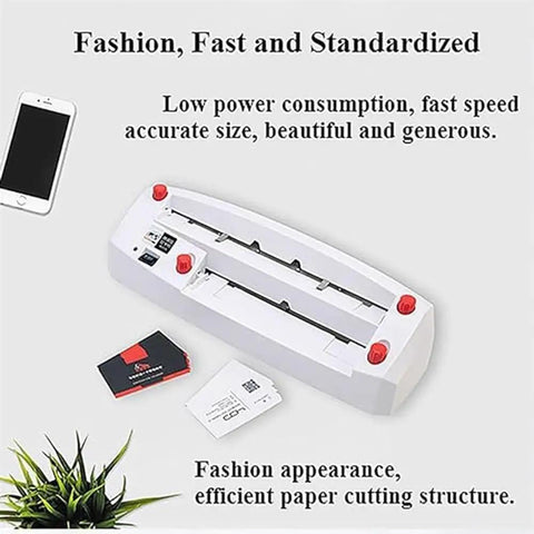 Electric Business Card Cutter With Chamfered Edges And Smooth Nine Blade Action Includes Fifty Matte Cards, showing compact design and operational buttons.